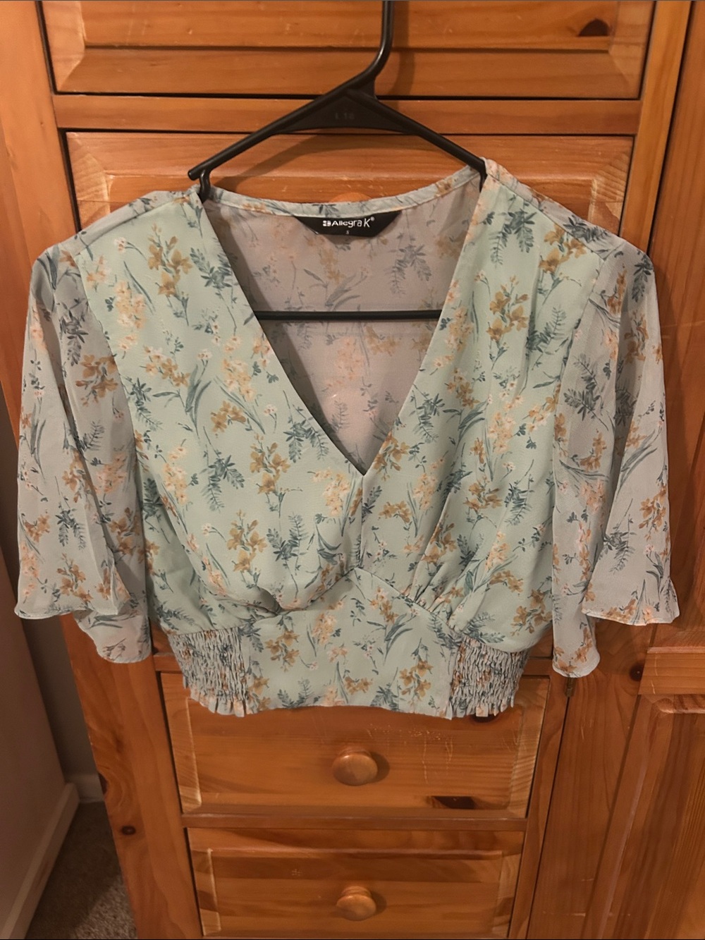 Allegra K Mint Green Floral V-Neck Smocked-Hem Blouse